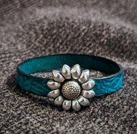Teal Sunflower Leather Cuff